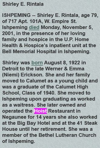 Hoist Restaurant - 2001 Obit For Shirley Rintala (newer photo)